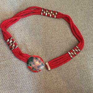 Vintage 80s Cloisonné Floral Enamel Red Triple Rope Belt Buckle Stretch Asian